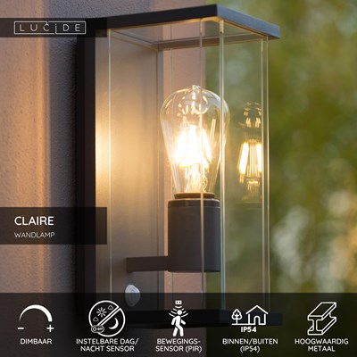 Lucide CLAIRE - Wandlamp Binnen/Buiten - 1xE27 - IP54 - Beweging & dag/nacht sensor - Antraciet